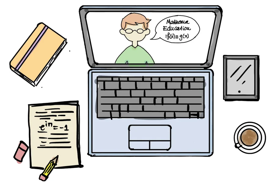 Hand-drawn illustration of an online lesson: a laptop showing a tutor mid-explanation, beside a notebook, pencil and a page of working.