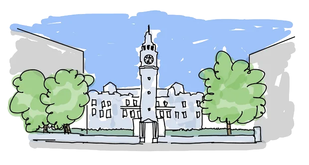 Hand-drawn illustration of a university campus with a clock tower and trees.
