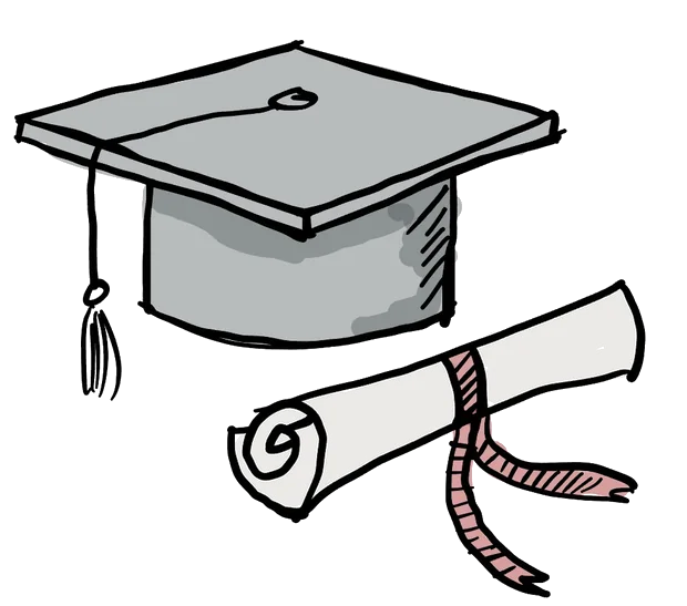 Hand-drawn illustration of a mortarboard cap and a rolled diploma tied with ribbon.