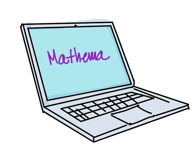 Hand-drawn illustration of a laptop with &ldquo;Mathema&rdquo; on the screen.