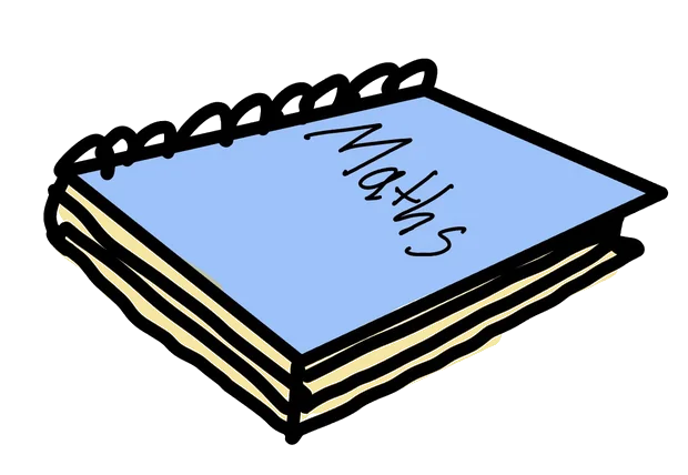 Hand-drawn illustration of a spiral-bound notebook labelled &ldquo;Maths&rdquo;.