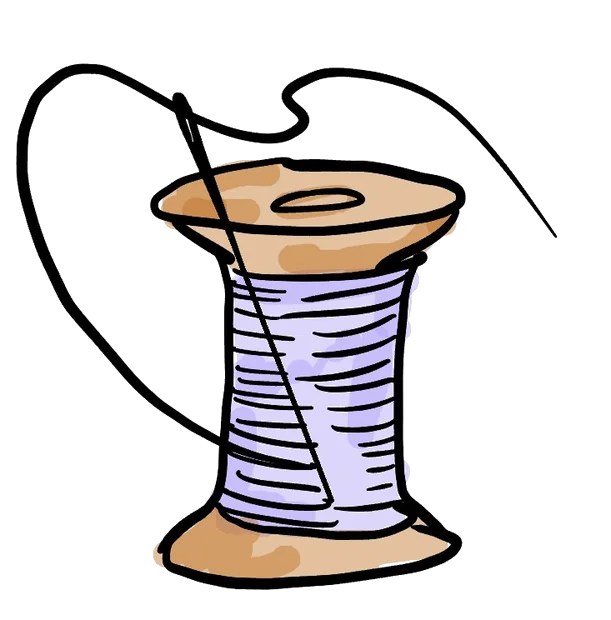 Hand-drawn illustration of a spool of thread with a needle.